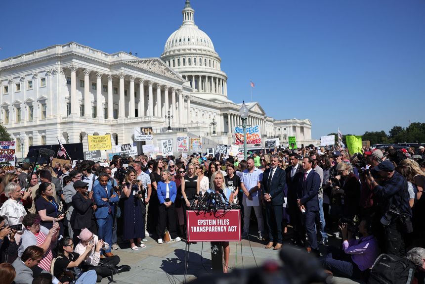 Rep. Marjorie Taylor Greene speaks at a press conference at the US. Capitol in Washington, DC. on September 3, announcing the Epstein Files Transparency Act, which calls for the release of all unclassified documents in the Jeffrey Epstein case.