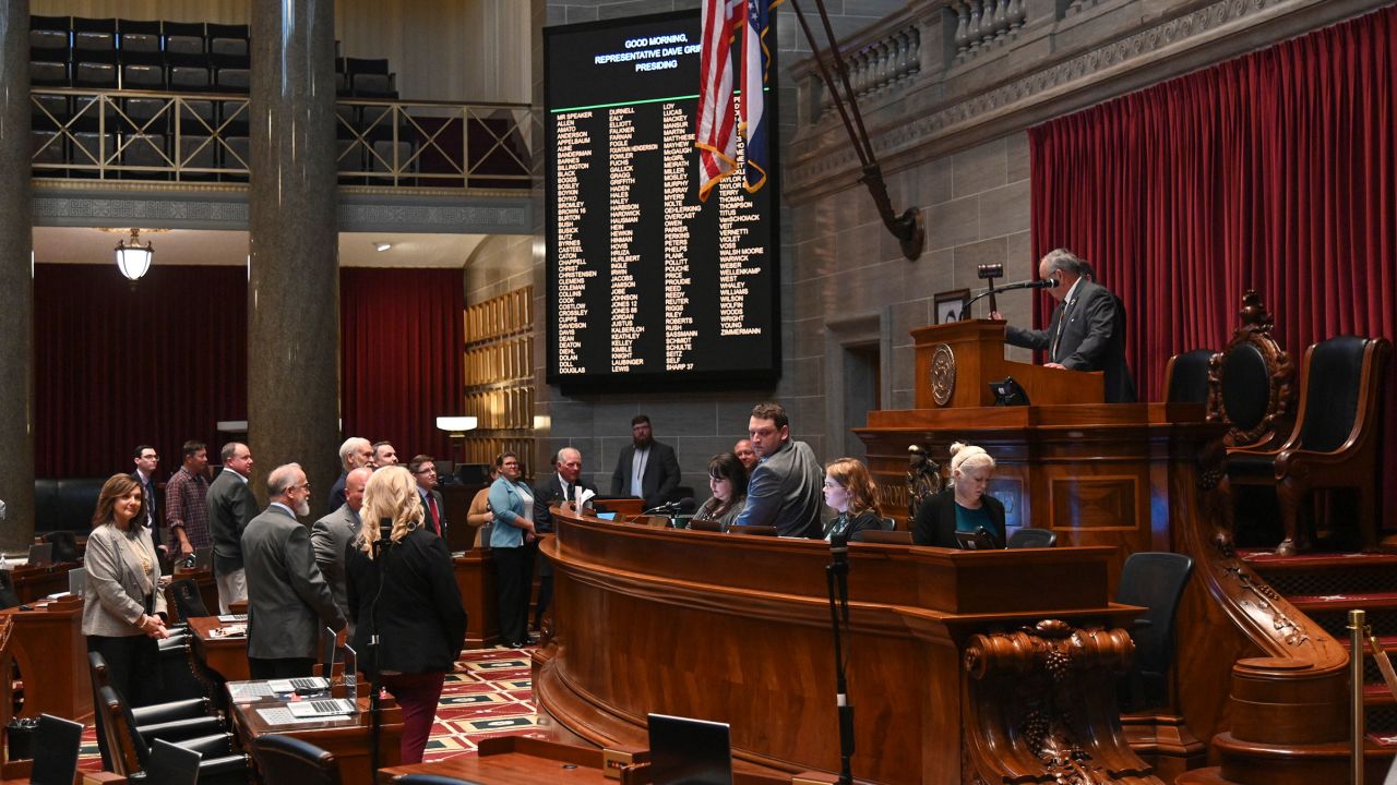 Lawmakers in the Missouri House of Representatives open a technical session on the floor of the chamber, at the Missouri State Capitol in Jefferson City, Missouri, on Thursday.