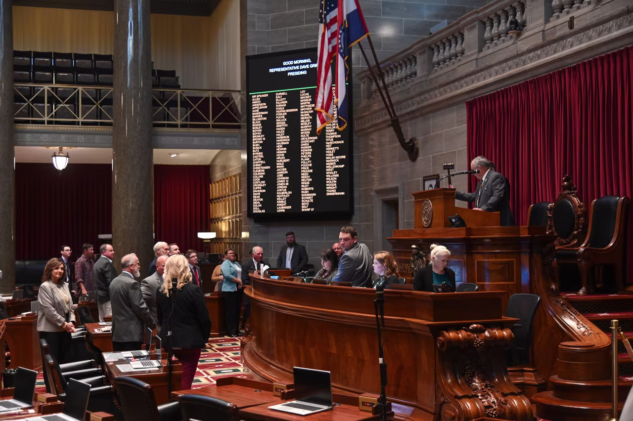 Lawmakers in the Missouri House of Representatives open a technical session on the floor of the chamber, at the Missouri State Capitol in Jefferson City on Thursday. Missouri is following Texas with a plan to redraw congressional maps more favorable to Republicans before the 2026 midterm elections.