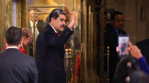 President of Venezuela Nicolás Maduro waves following a press conference at Hotel Melia Caracas in Caracas, Venezuela, on September 1, 2025.