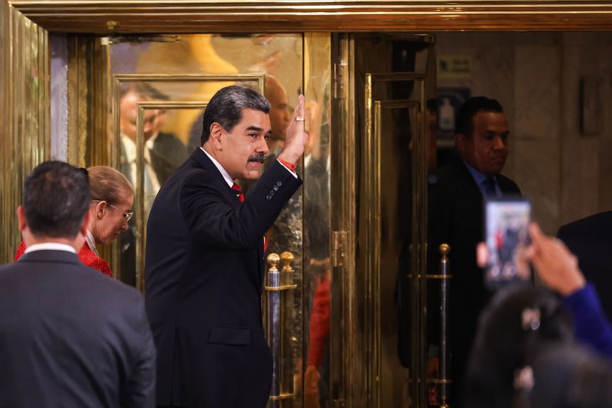 President of Venezuela Nicolás Maduro waves following a press conference at Hotel Melia Caracas in Caracas, Venezuela, on September 1, 2025.