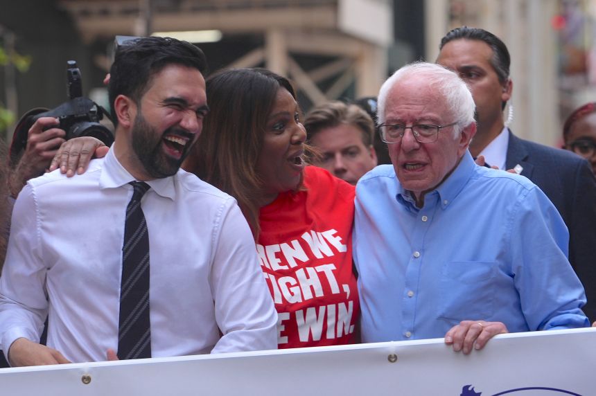 From left: Mayoral candidate Zohran Mamdani, New York Attorney General Letitia James and Sen. Bernie Sanders attend the New York City Labor Day parade on September 6.