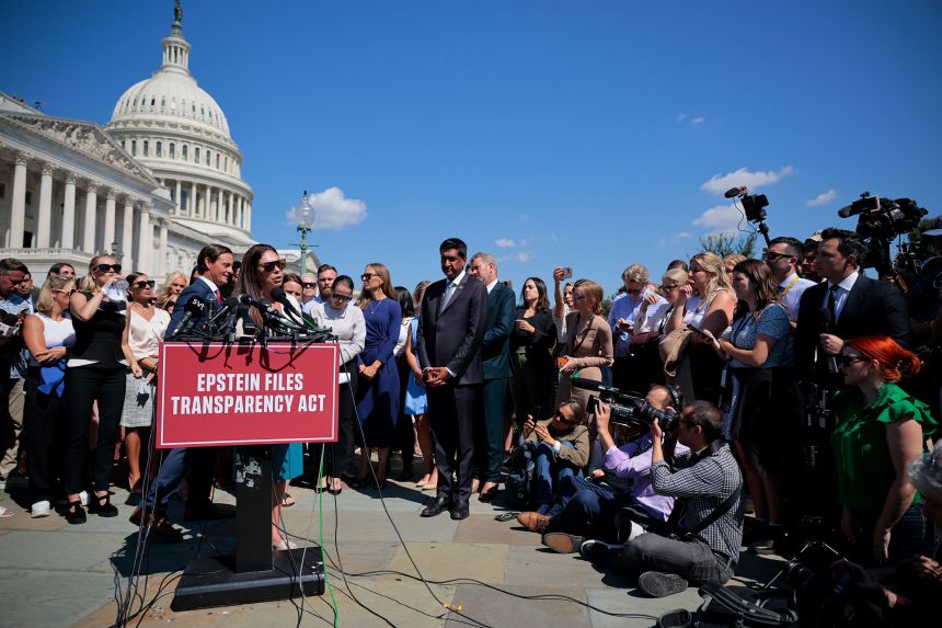 Haley Robson answers reporters' questions during a news conference with other alleged victims of disgraced financier and sex trafficker Jeffrey Epstein, outside the US Capitol on September 3, 2025.