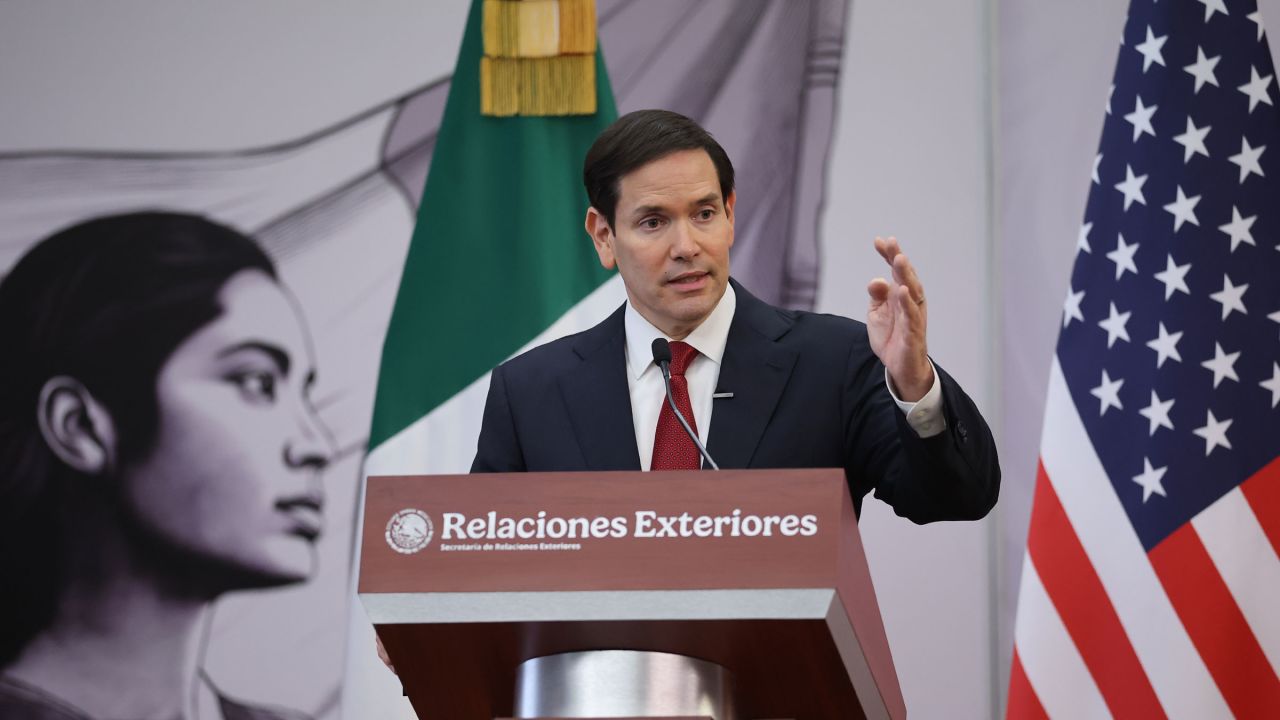 US Secretary of State Marco Rubio speaks during a press conference at the Secretary Of Foreign Affairs Building in Mexico City, Mexico, on September 3, 2025.
