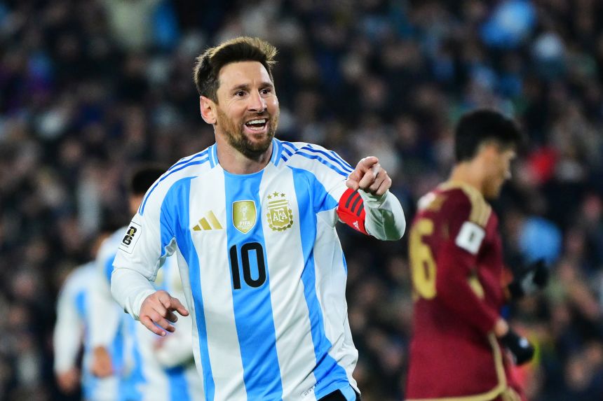 Argentina superstar Lionel Messi celebrates after scoring during the FIFA World Cup 2026 qualifier against Venezuela.