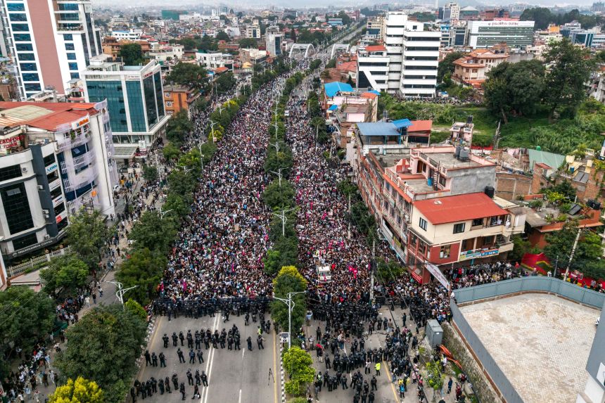 An aerial view shows demonstrators gathered outside Nepal's Parliament during a protest in Kathmandu on September 8, 2025.