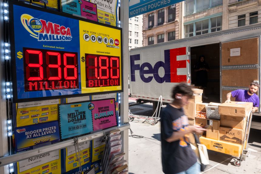 A newsstand in Manhattan advertises the Powerball, in New York City, on September 5.