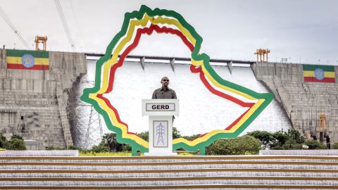 Prime Minister of Ethiopia Abiy Ahmed delivers his remarks during the official inauguration ceremony of the Grand Ethiopian Renaissance Dam (GERD) in Guba, on September 9, 2025. Ethiopia inaugurated the continent's largest hydroelectric project on Tuesday, with Prime Minister Abiy Ahmed calling it a "great achievement for all black people" despite years of diplomatic rancour over the dam with downstream neighbour Egypt. (Photo by Luis TATO / AFP) (Photo by LUIS TATO/AFP via Getty Images)          