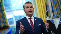 U.S. Defense Secretary Pete Hegseth speaks during a press availability with U.S. President Donald Trump in the Oval Office of the White House on September 05, 2025 in Washington, DC.