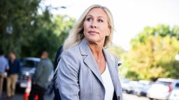 Rep. Marjorie Taylor Greene, R-Ga., talks with reporters after a meeting of the House Republican Conference at the Capitol Hill Club on Tuesday, September 9, 2025.