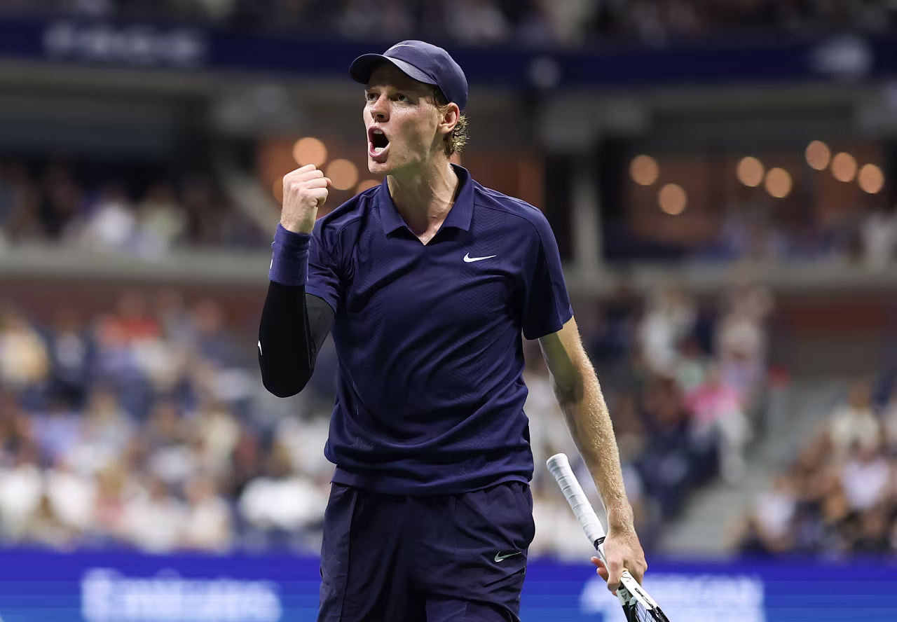Jannik Sinner celebrates a point against Félix Auger-Aliassime during Friday's match,