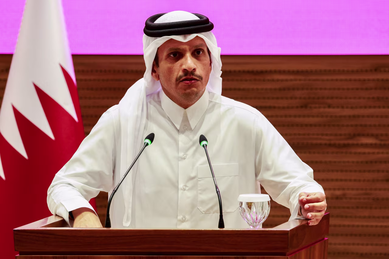 Qatar's Prime Minister Sheikh Mohammed bin Abdulrahman bin Jassim Al-Thani addresses a press conference on Tuesday.
