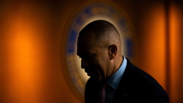 House Minority Leader Hakeem Jeffries departs a news conference on Capitol Hill on September 10, 2025.