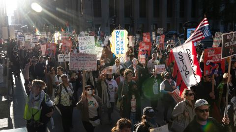 CHICAGO, ILLINOIS - SEPTEMBER 06: Demonstrators march through downtown during a protest against President Donald Trump's immigration policies on September 06, 2025 in Chicago, Illinois. The Trump administration has threatened a surge in ICE raids in the Chicago area that was expected to begin today. (Photo by Scott Olson/Getty Images)