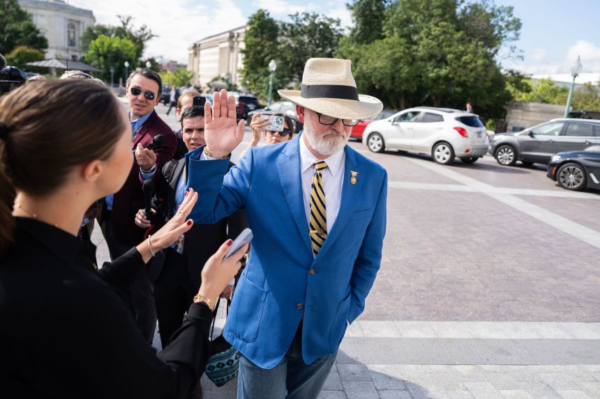 Rep. Derrick Van Orden, departs after blaming the media for Charlie Kirk's death, outside the US Capitol on Thursday.