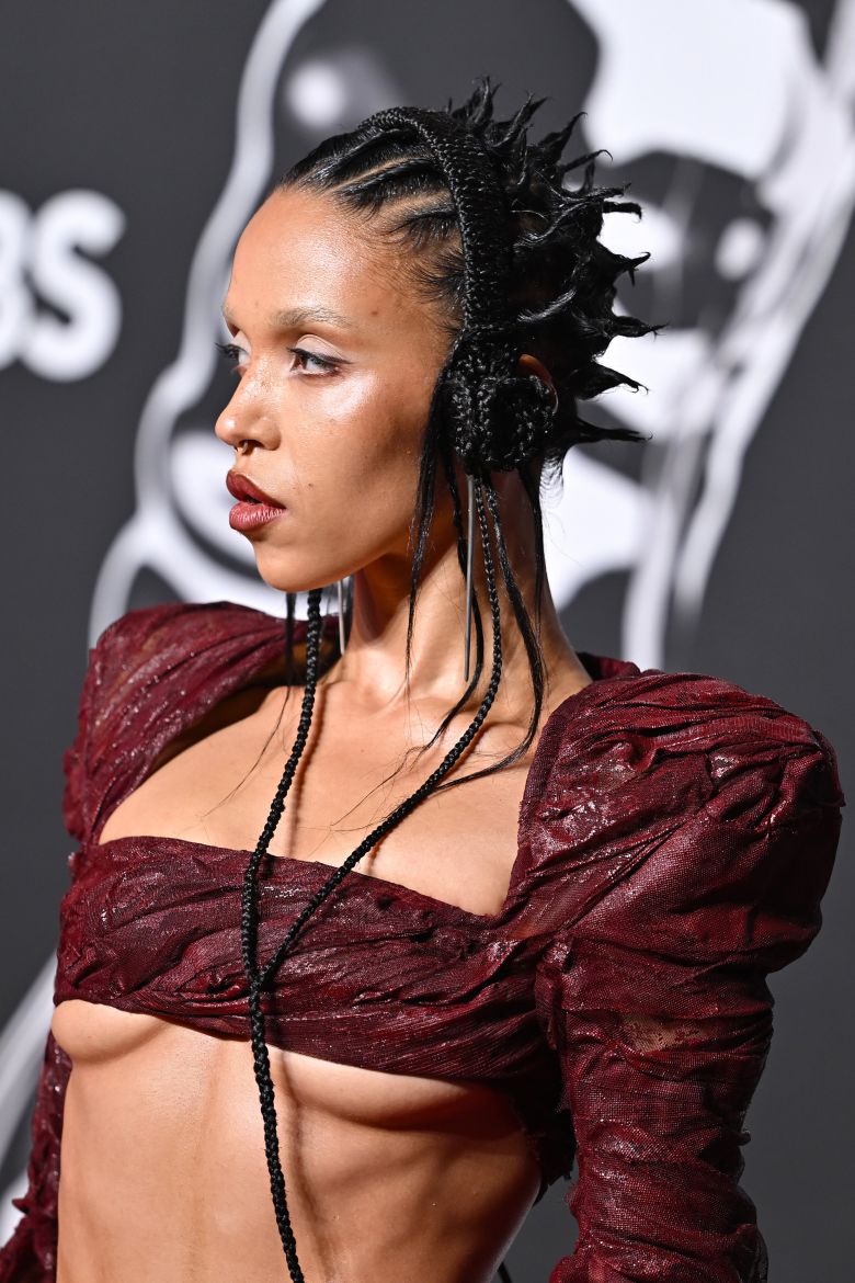 A close-up on the singer's hairstyle.