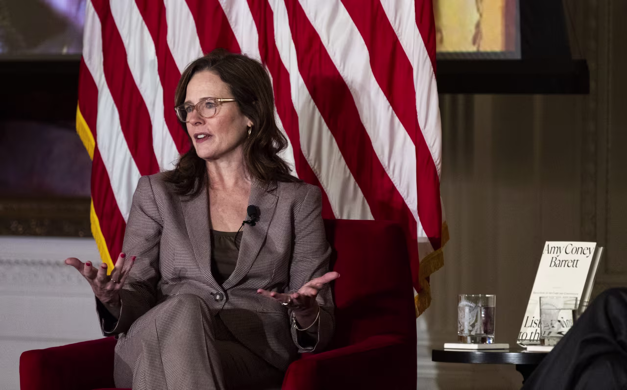 US Supreme Court Justice Amy Coney Barrett is interviewed at the Nixon Presidential Library & Museumin in Yorba Linda, California on Wednesday