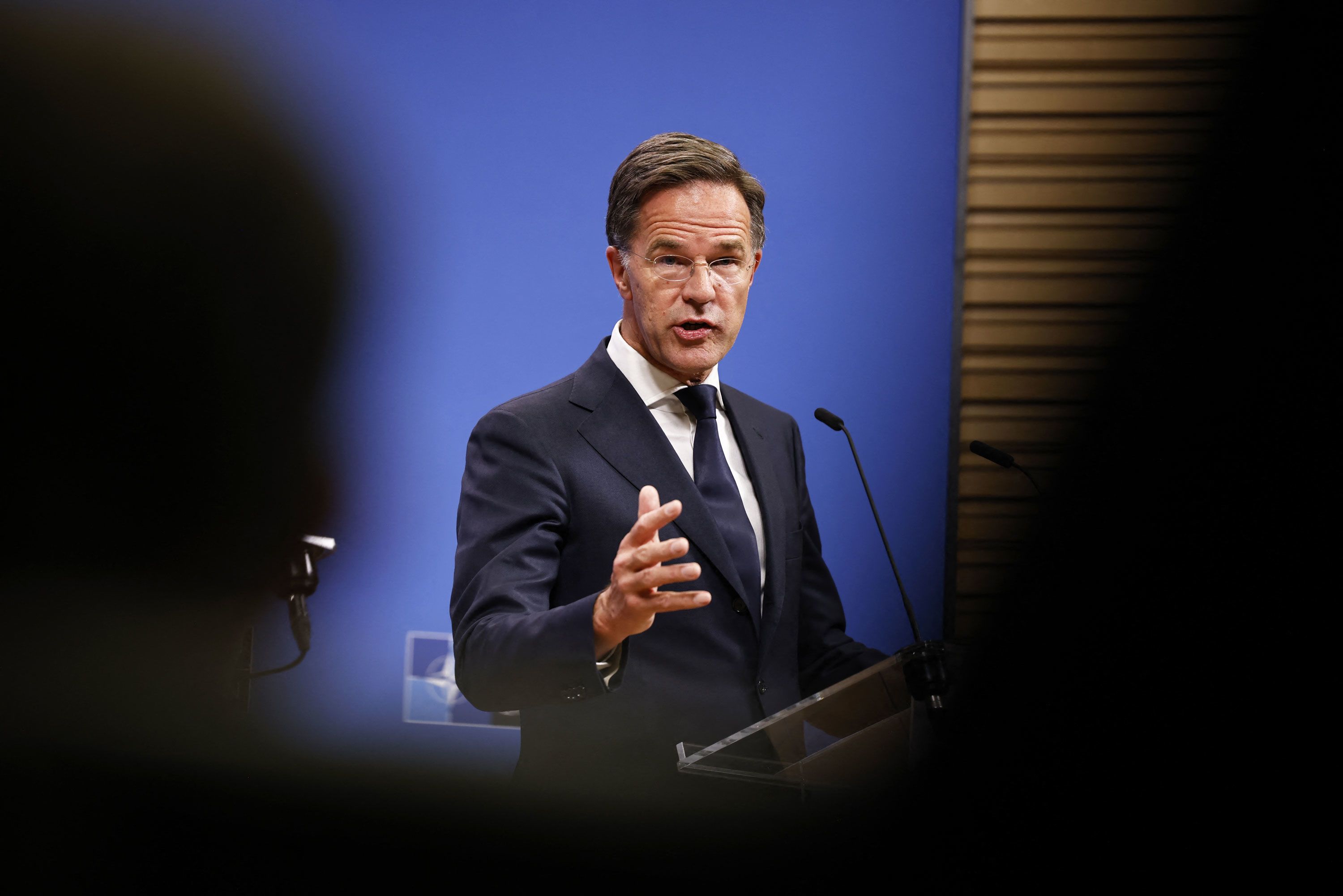 NATO Secretary General Mark Rutte speaks during a press conference on the violation of Polish airspace by Russian drones, at the NATO headquarters in Brussels, on Friday.