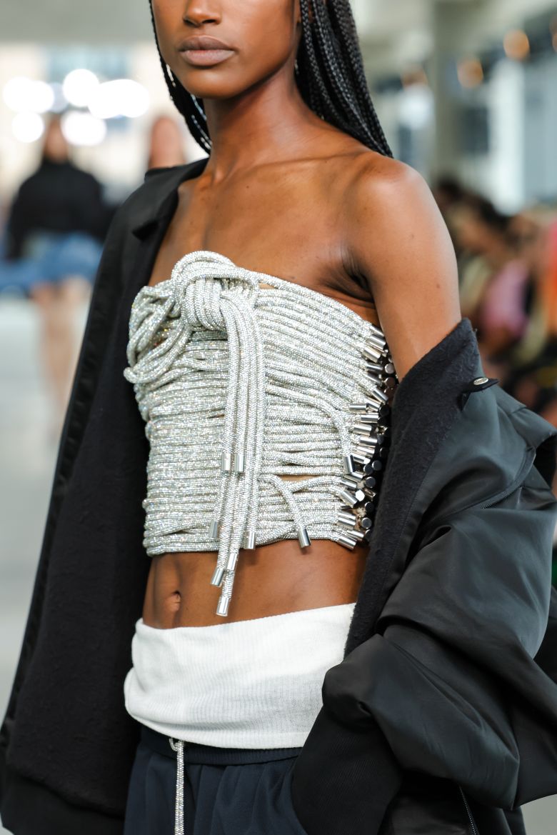 An Area tube top made of oversized crystal-embellished knots.