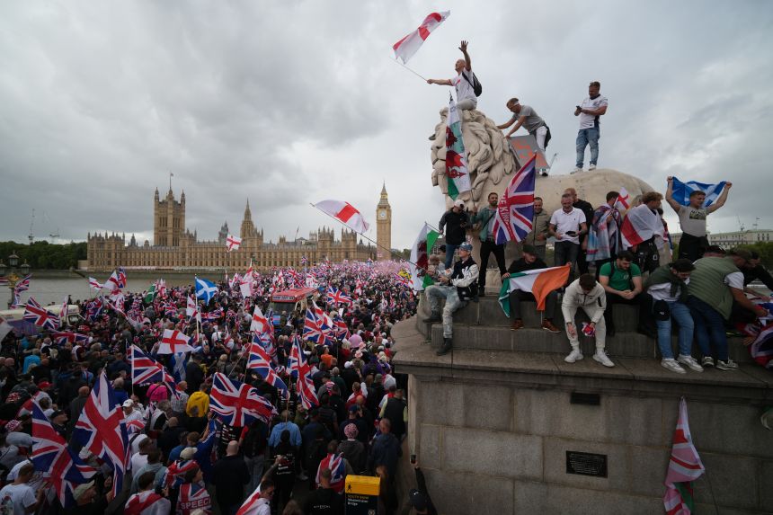 Protesters waved English and British flags at the anti-immigration "Unite the Kingdom" march in London, September 13.