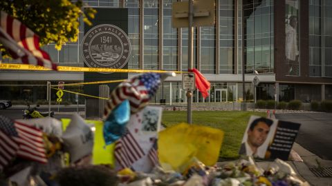 A memorial for political activist Charlie Kirk stands on the grounds of Utah Valley University on September 13, 2025 in Orem, Utah.