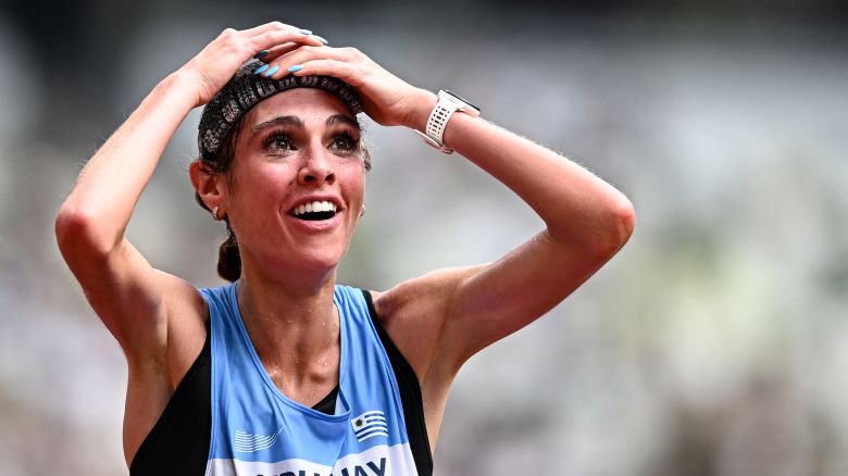 Third placed Uruguay's athlete Julia Paternain reacts after competing in the women's marathon final during the World Athletics Championships in Tokyo on September 14, 2025. (Photo by Jewel SAMAD / AFP) (Photo by JEWEL SAMAD/AFP via Getty Images)          