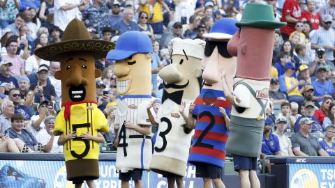 MILWAUKEE, WI - SEPTEMBER 14: The sausage race is seen in the seventh inning stretch during the game between the St. Louis Cardinals and the Milwaukee Brewers at American Family Field on Sunday, September 14, 2025 in Milwaukee, Wisconsin. (Photo by Jeffrey Phelps/MLB Photos via Getty Images)