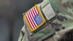 A US Army patch on the sleeve of an American soldier in Krakow, Poland, on September 13, 2025.