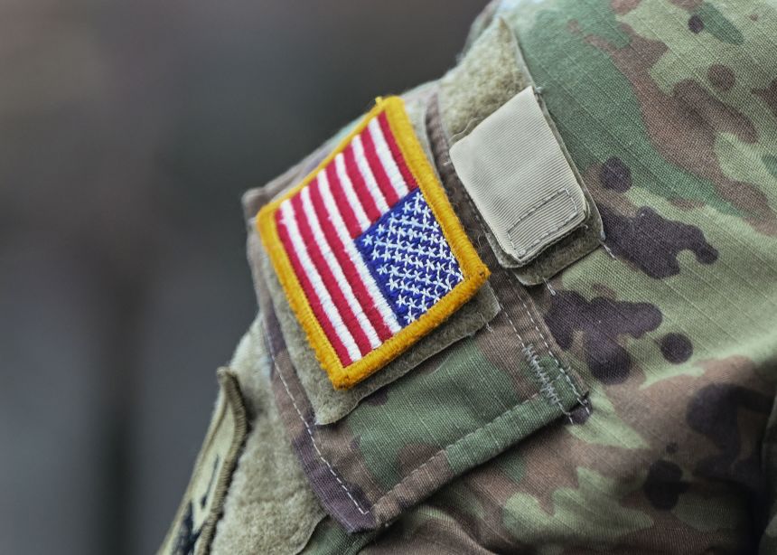 A US Army patch on the sleeve of an American soldier in Krakow, Poland, on September 13, 2025.