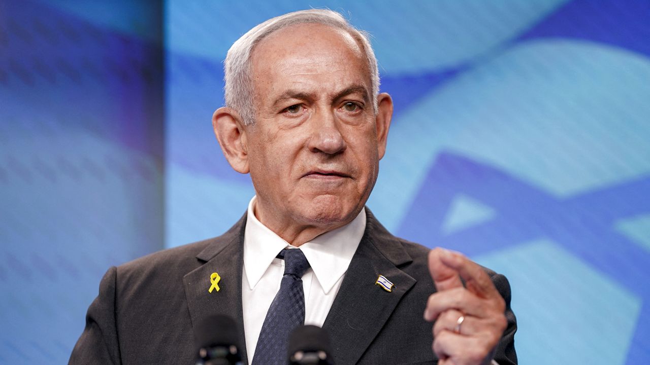 TOPSHOT - Israel's Prime Minister Benjamin Netanyahu speaks during a joint press conference with the US Secretary of State at the Prime Minister's Office in Jerusalem on September 15, 2025. US Secretary of State Marco Rubio said Washington would provide "unwavering support" to Israel in the war in Gaza as he called for the eradication of Hamas during a visit to the US ally on September 15. (Photo by Nathan Howard / POOL / AFP) (Photo by NATHAN HOWARD/POOL/AFP via Getty Images)          