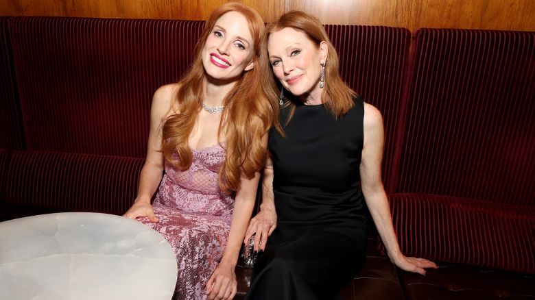 NEW YORK, NEW YORK - SEPTEMBER 11: (L-R) Jessica Chastain and Julianne Moore attend the Kering Foundation's Fourth Annual Caring for Women Dinner at The Pool on September 11, 2025 in New York City.  (Photo by Kevin Mazur/Getty Images for Kering)