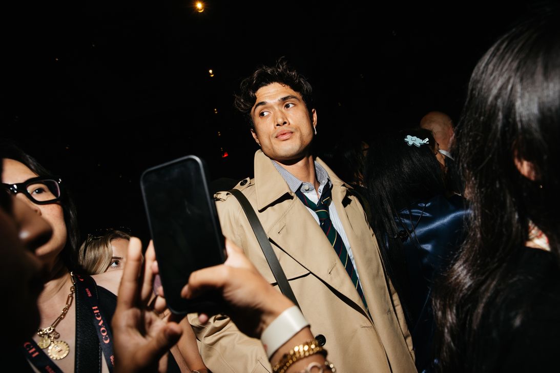 Charles Melton arriving for Coach.