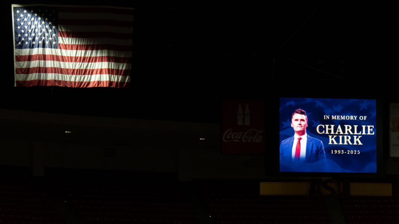 An image of Turning Point USA founder Charlie Kirk during a vigil at Arizona State University in Tempe, Arizona, on September 15.