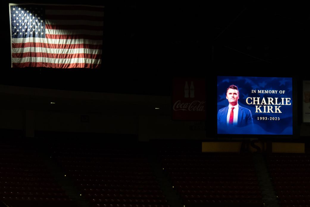 An image of Turning Point USA founder Charlie Kirk during a vigil at Arizona State University in Tempe, Arizona, on Monday.