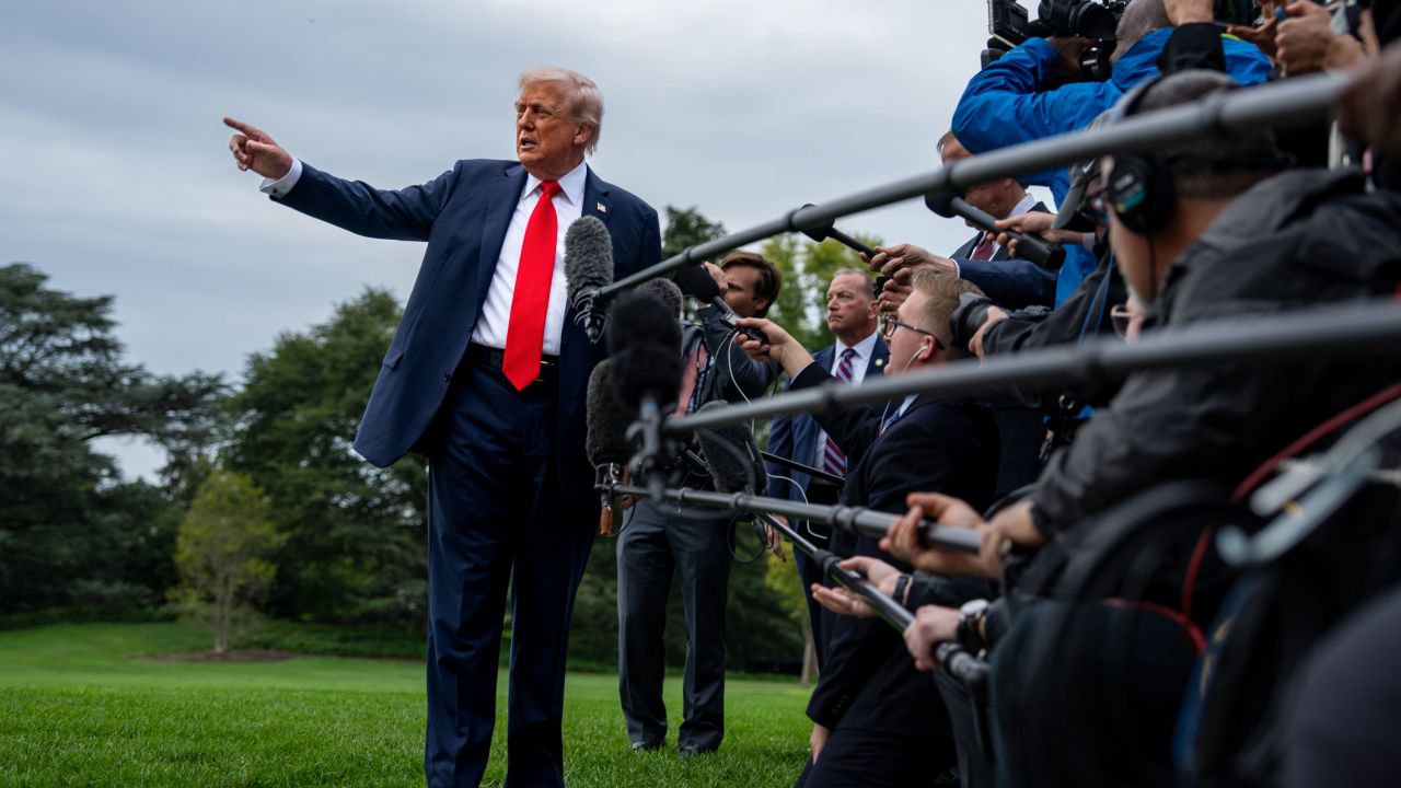 US President Donald Trump speaks to members of the media on the South Lawn of the White House before boarding Marine One in Washington, DC, US, on Tuesday, Sept. 16, 2025. Trump expects to announce economic deals totaling more than $10 billion during his trip this week to the United Kingdom, senior US officials said Monday. Photographer: Bonnie Cash/UPI/Bloomberg via Getty Images