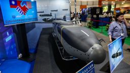 A low-cost autonomous cruise missile is displayed during the Taipei Aerospace & Defense Technology Exhibition in Taipei on September 17, 2025.