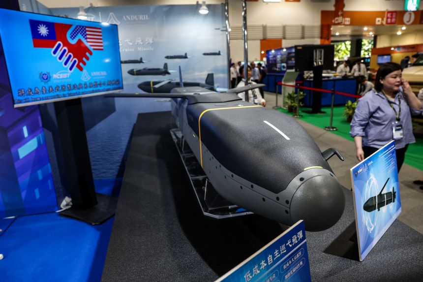 A low-cost autonomous cruise missile is displayed during the Taipei Aerospace & Defense Technology Exhibition in Taipei on September 17, 2025.