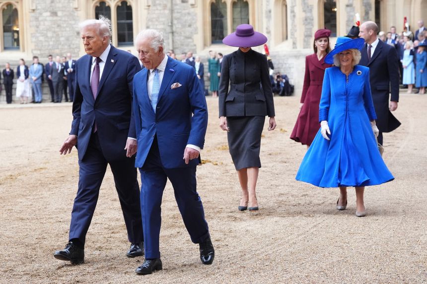 From left to right, Donald Trump, King Charles III, Melania Trump, and Queen Camilla walk ahead of Catherine, Princess of Wales and Prince William at Windsor Castle.