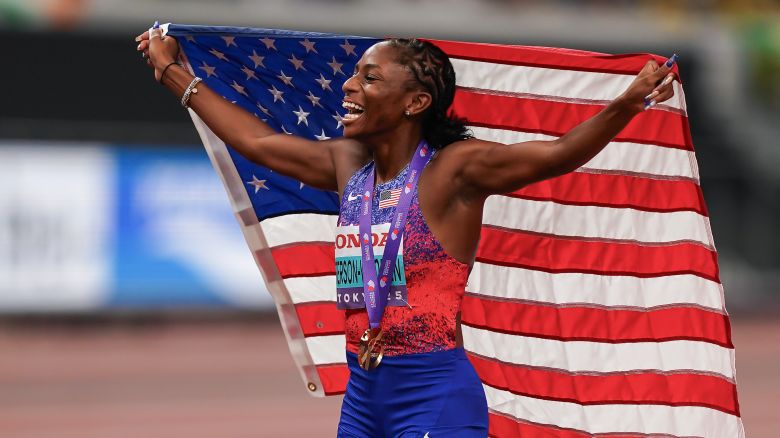Melissa Jefferson-Wooden celebrates winning her world title.