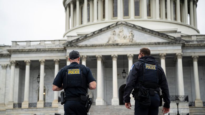 US Capitol Police officers in front of the US Capitol in Washington, DC, on Wednesday.