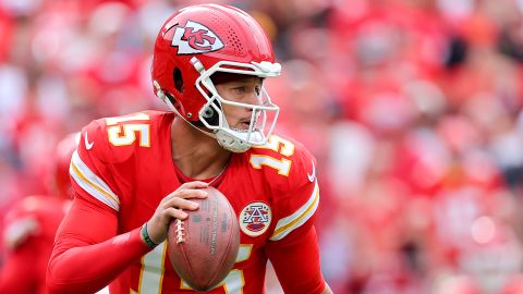 KANSAS CITY, MISSOURI - SEPTEMBER 14: Patrick Mahomes #15 of the Kansas City Chiefs scrambles against the Philadelphia Eagles during the first quarter in the game at Arrowhead Stadium on September 14, 2025 in Kansas City, Missouri. (Photo by David Eulitt/Getty Images)