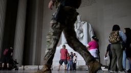 A member of the National Guard walks through the Lincoln Memorial while patrolling the National Mall, in Washington DC, on September 17.