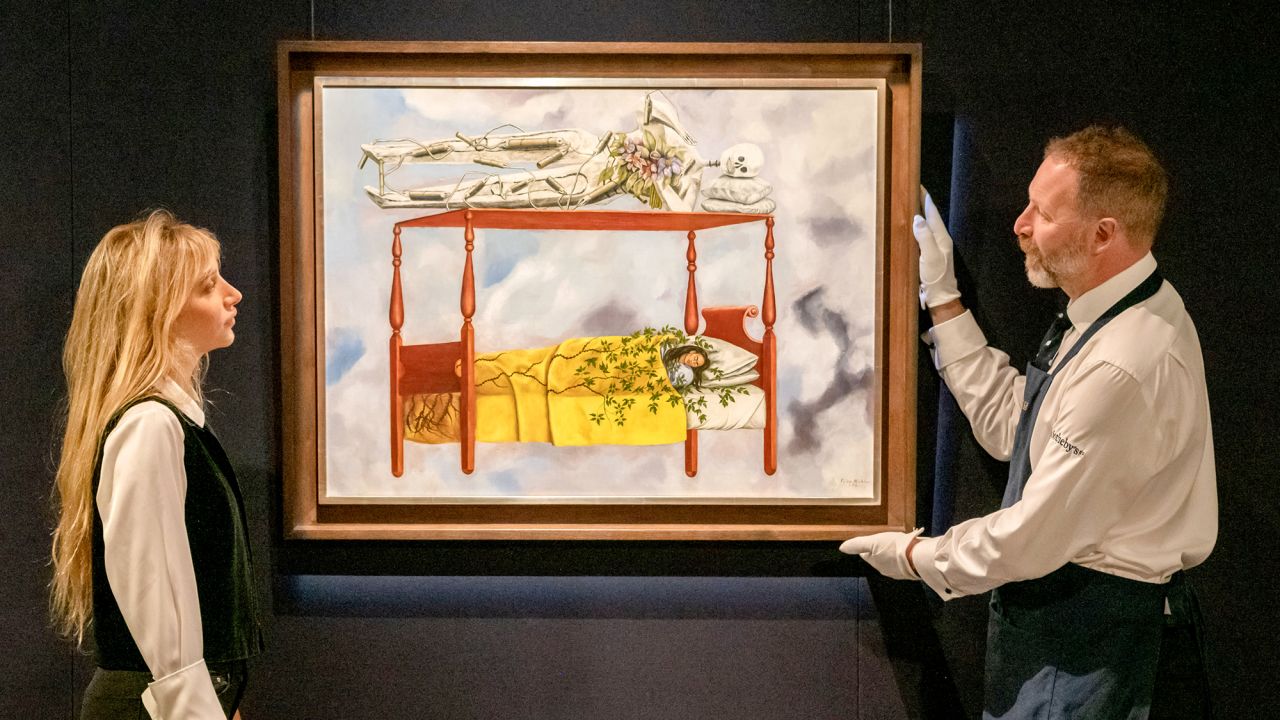 Sotheby's London unveils a once-in-a-lifetime collection of Surrealist masterpieces on September 19, 2025 in London, England. Frida Kahlo El sueño (La cama) Estimate: $40-60 million.The collection is headlined by a $40m+ Frida Kahlo painting that is poised to set a new auction record for the artist. On view until September 23, before being offered at auction at Sotheby's New York in November.