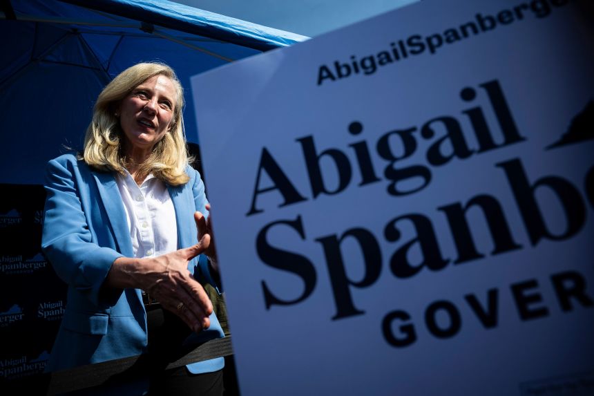 Abigail Spanberger, the Democratic nominee for governor, greets voters at the Fairfax County Government Center in Fairfax, Virginia, on September 19, the first day of early voting.