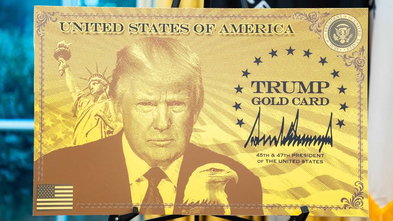 The "Trump Gold Card" on display in the Oval Office at the White House on Friday September 19, 2025.