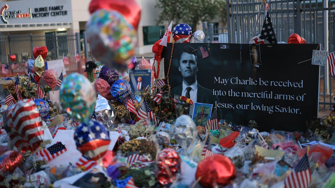 PHOENIX, ARIZONA - SEPTEMBER 17: Items are displayed in the makeshift memorial for Charlie Kirk outside the headquarters of Turning Point USA on September 17, 2025, in Phoenix, Arizona. Kirk, the CEO and co-founder of Turning Point USA, was shot and killed on September 10th while speaking at an event for his "American Comeback Tour" at Utah Valley University. (Photo by Joe Raedle/Getty Images)