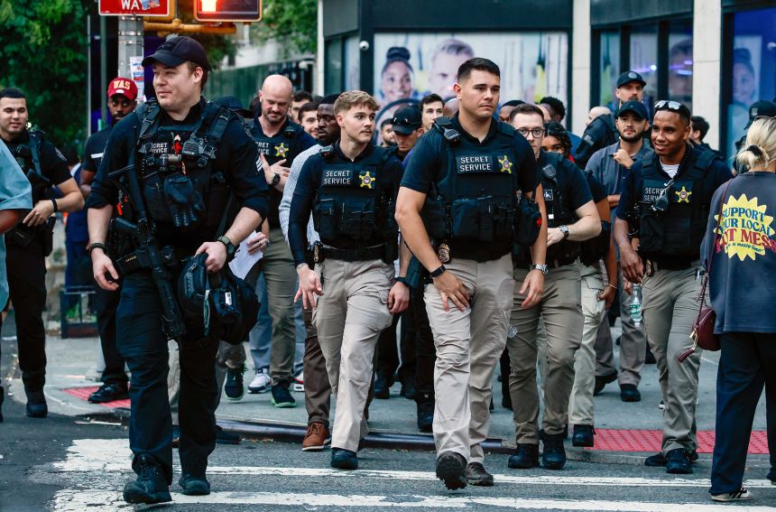 Members of the Secret Service Police walk outside the United Nations headquarters ahead of the United Nations General Assembly in New York on September 21, 2025.