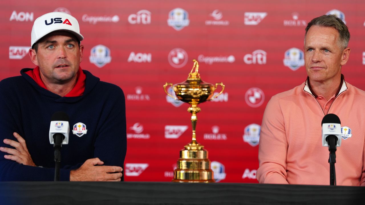 United States captain Keegan Bradley and Team Europe Captain Luke Donald during a press conference at the Bethpage Black Course in Farmingdale, New York ahead of the 2025 Ryder Cup starting on Friday. Picture date: Monday September 22, 2025. (Photo by David Davies/PA Images via Getty Images)