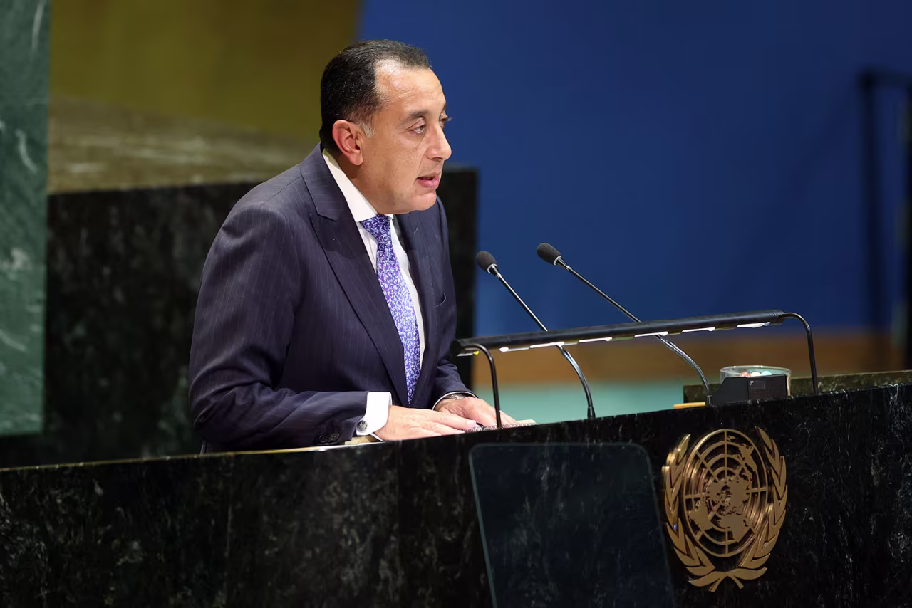 Egypt's Prime Minister Mostafa Madbouly speaks  during the United Nations General Assembly in New York on Monday.
