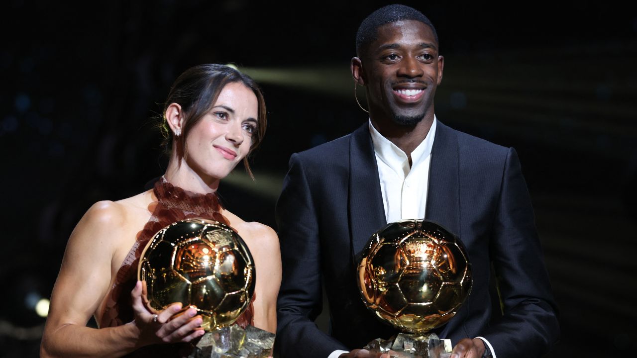 TOPSHOT - Paris Saint-Germain's French forward Ousmane Dembele and Barcelona's Spanish midfielder and Ballon d'Or 2024 winner Aitana Bonmati pose after receiving the Ballon d'Or awards during the 2025 Ballon d'Or France Football award ceremony at the Theatre du Chatelet in Paris on September 22, 2025. (Photo by Franck FIFE / AFP) (Photo by FRANCK FIFE/AFP via Getty Images)          